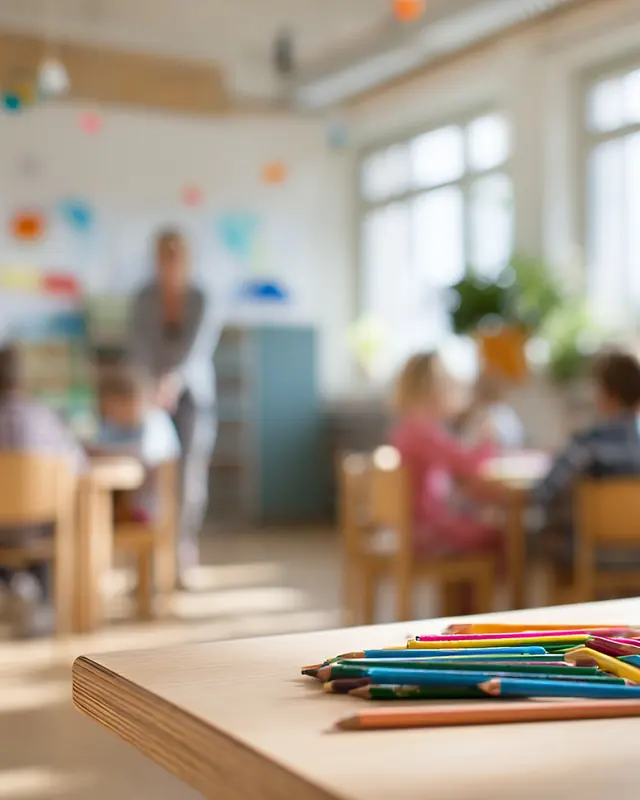 Teacher with children at work in a sunny classroom